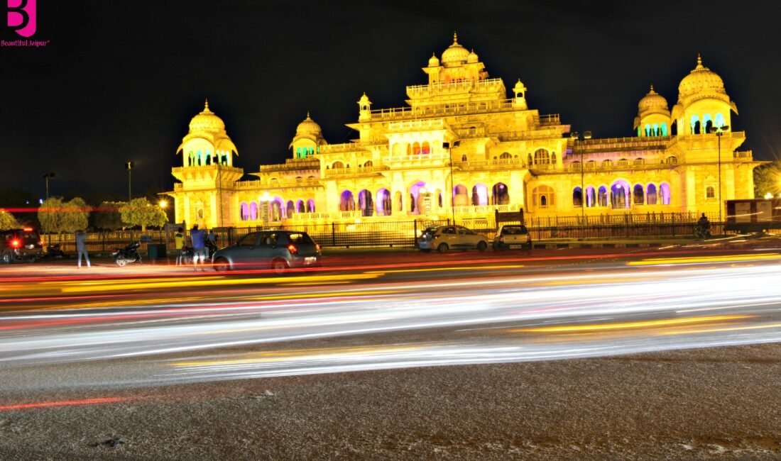 Albert Hall Museum Jaipur illuminated at night with traffic light trails