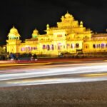 Albert Hall Museum Jaipur illuminated at night with traffic light trails