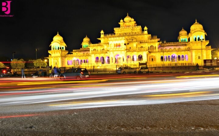 Albert Hall Museum Jaipur illuminated at night with traffic light trails