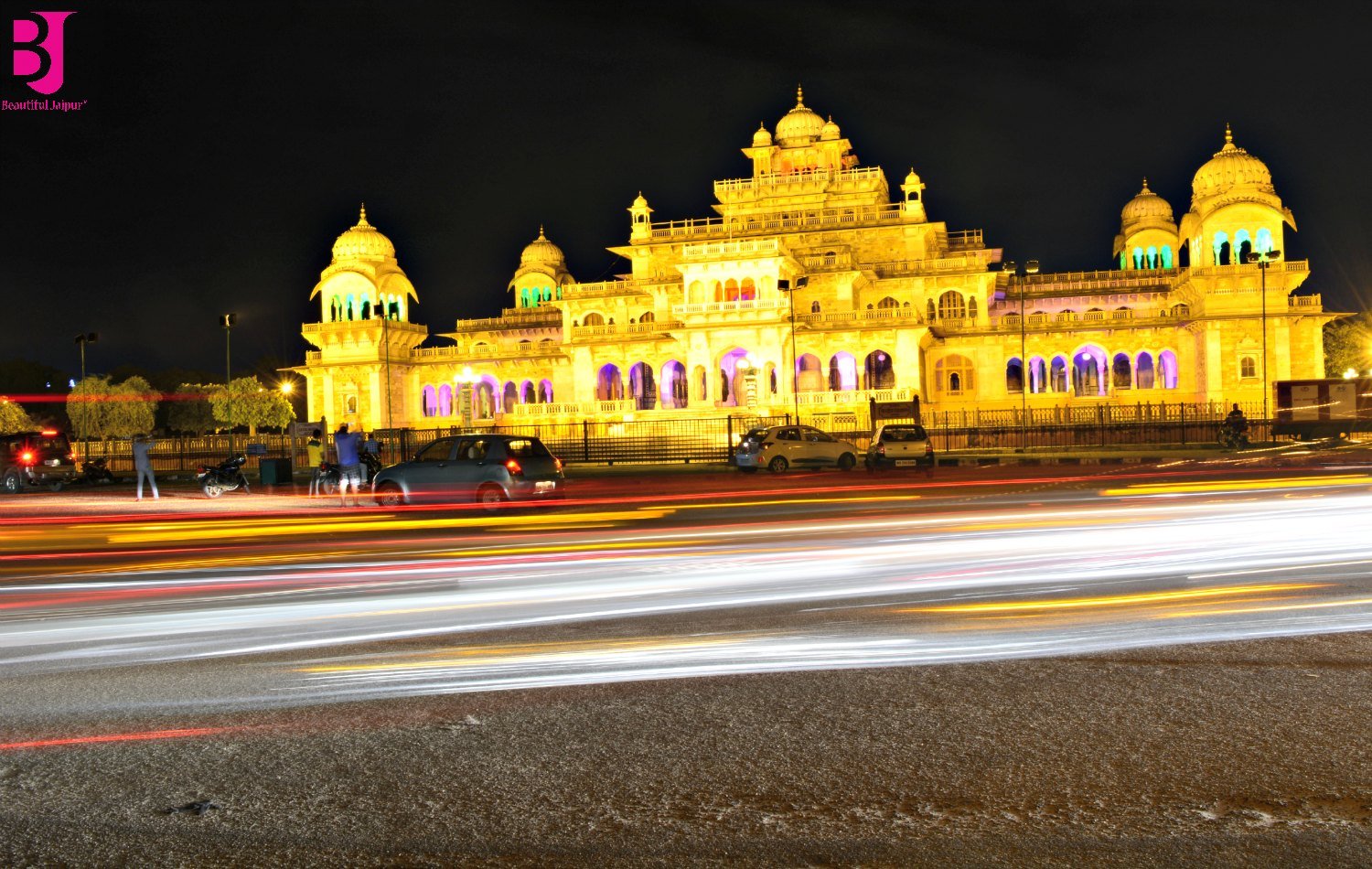 Albert Hall Museum Jaipur illuminated at night with traffic light trails