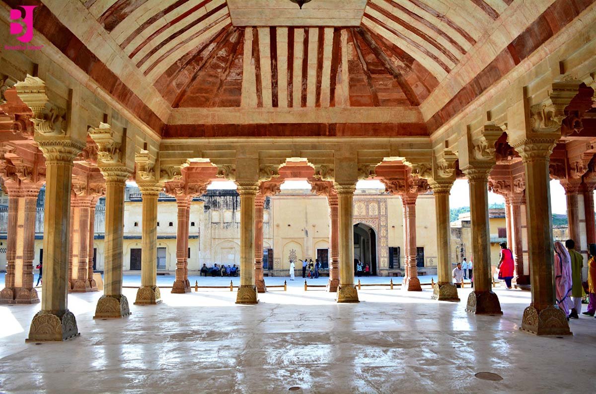 Carved stone pillars inside Amer Fort Jaipur