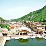 Wide view of Galtaji Temple Jaipur, its sacred kund and green Aravalli hills