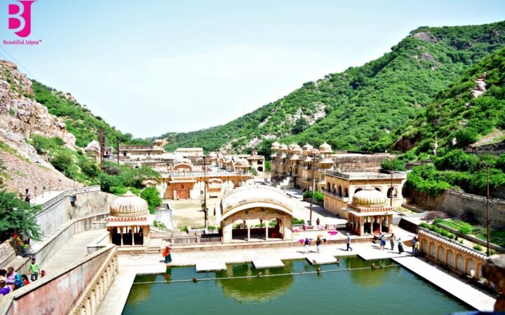 Wide view of Galtaji Temple Jaipur, its sacred kund and green Aravalli hills