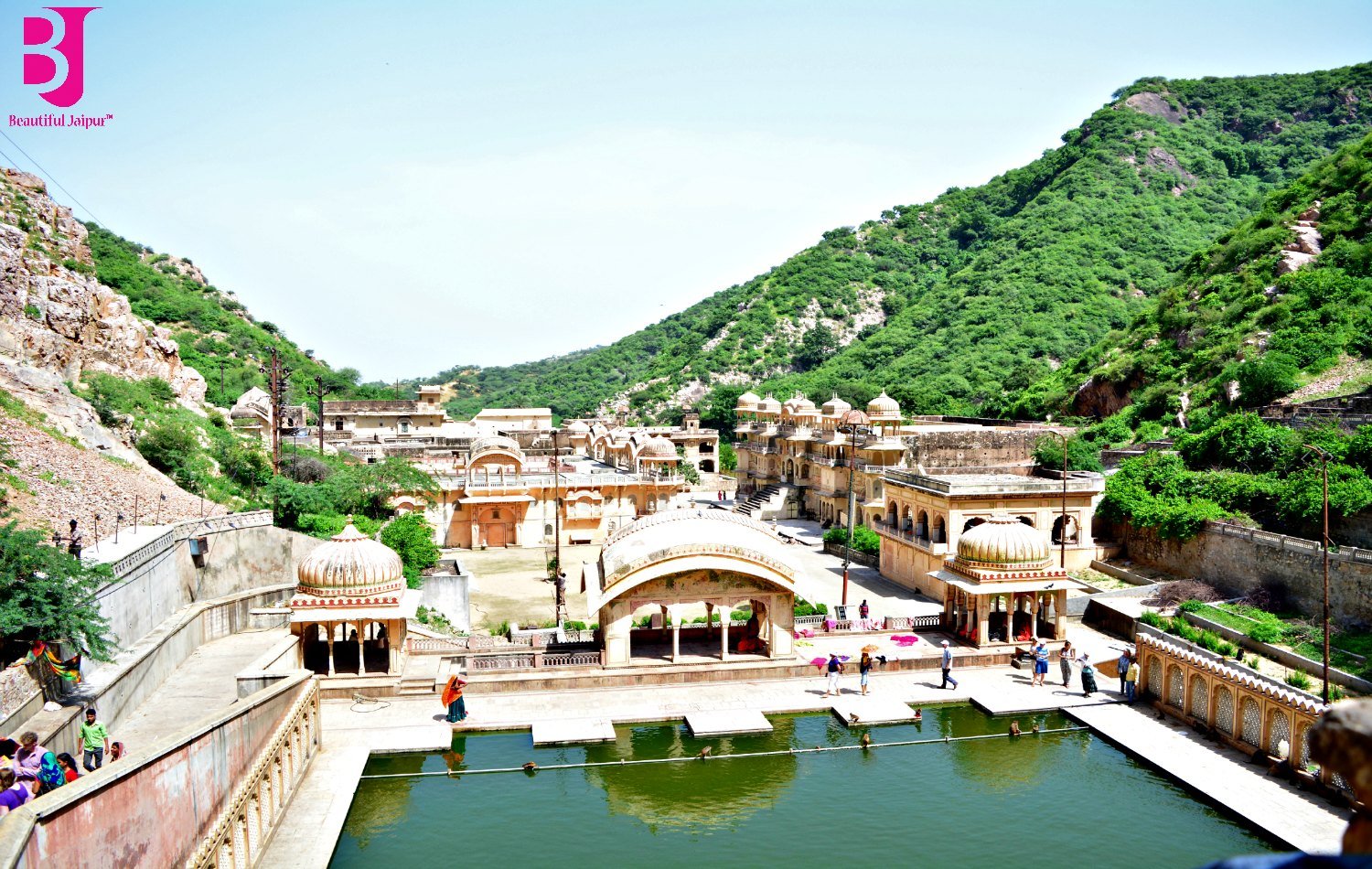 Wide view of Galtaji Temple Jaipur, its sacred kund and green Aravalli hills