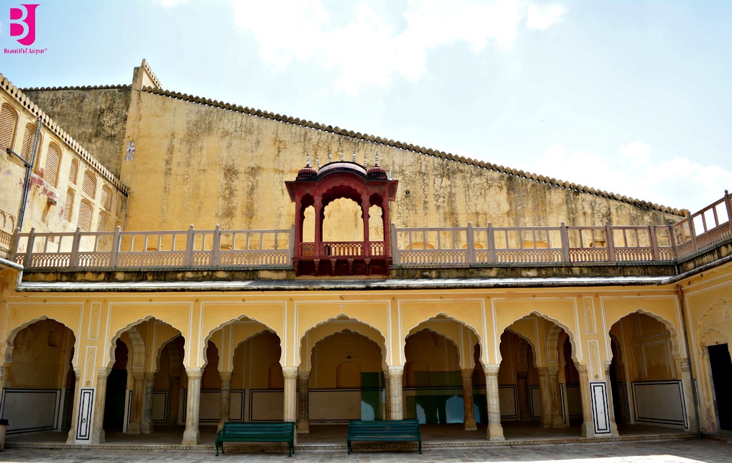 Inner courtyard and arched corridor inside Hawa Mahal Jaipur