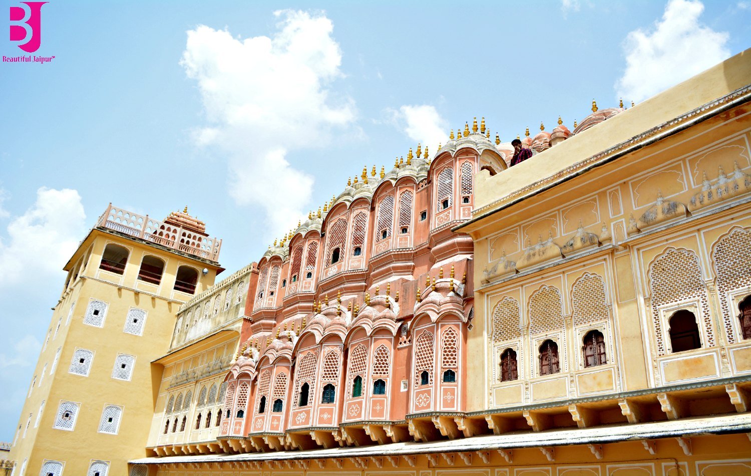 Pink and yellow interior facade of Hawa Mahal Jaipur