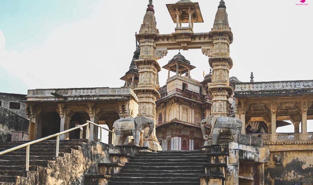 Stone steps and carved entrance of Jagat Shiromani Temple in Amer Jaipur