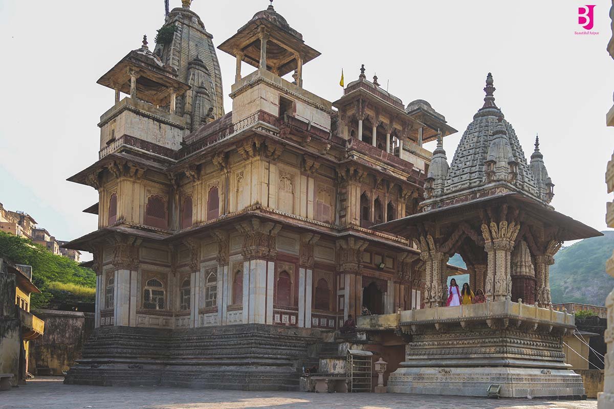 Historic Jagat Shiromani Temple complex and carved shrine in Amer Jaipur