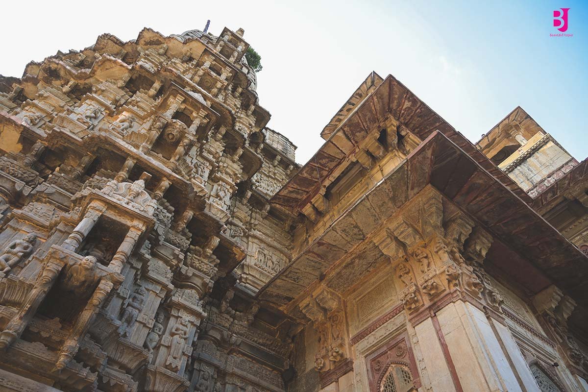 Detailed stone carvings on Jagat Shiromani Temple architecture in Amer