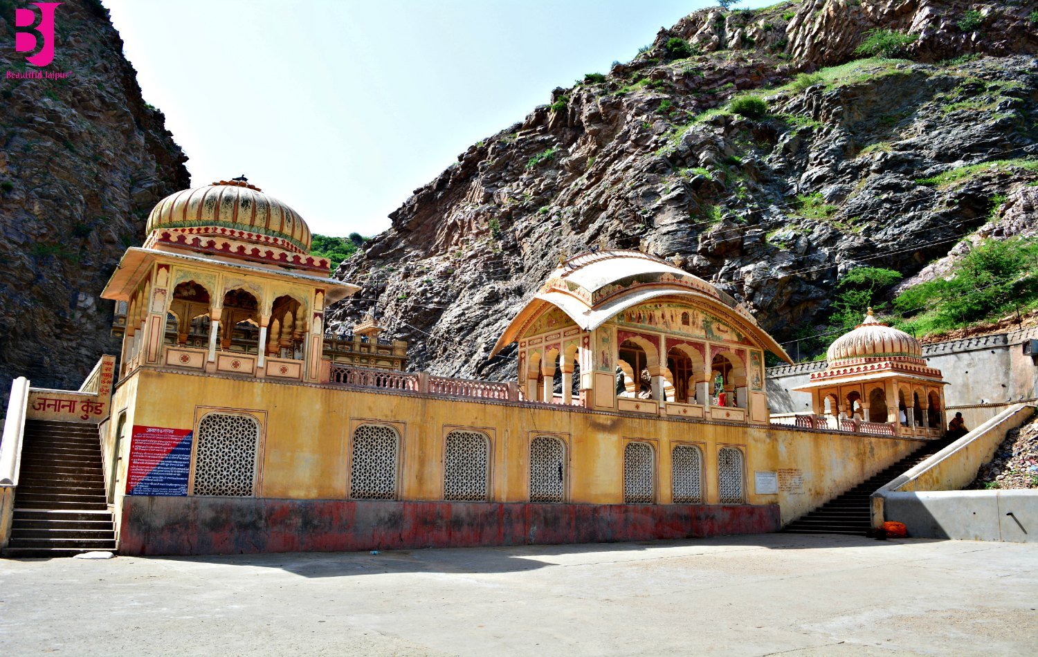 Janana Kund and domed pavilions at Galtaji Temple Jaipur