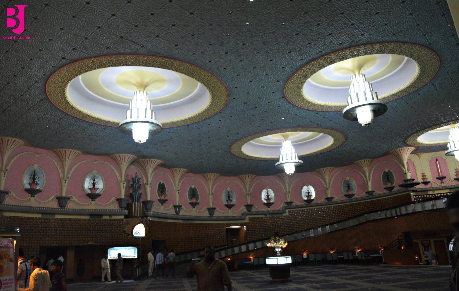 Art Deco ceiling lights and interior details at Raj Mandir Cinema Jaipur