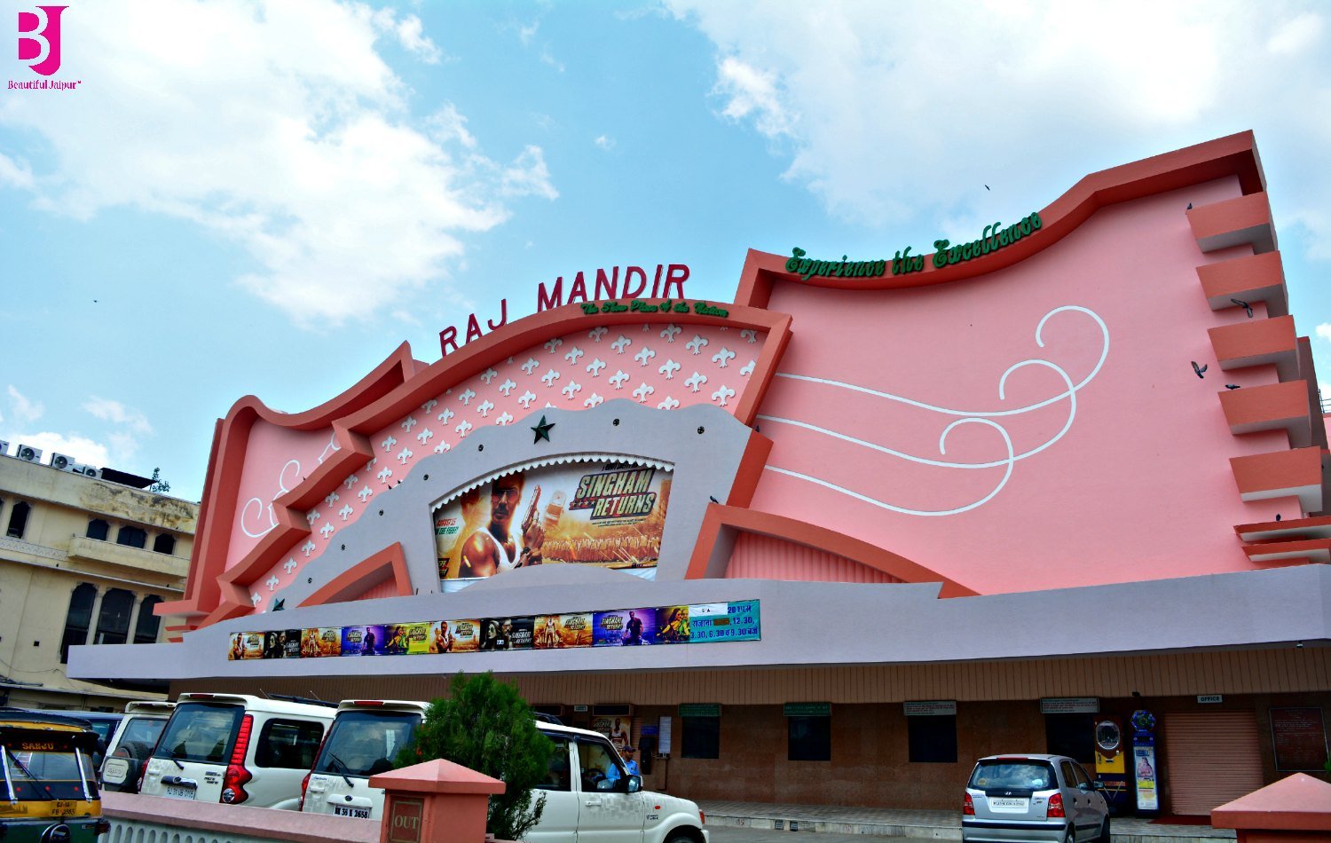 Pink Art Deco facade of Raj Mandir Cinema Jaipur