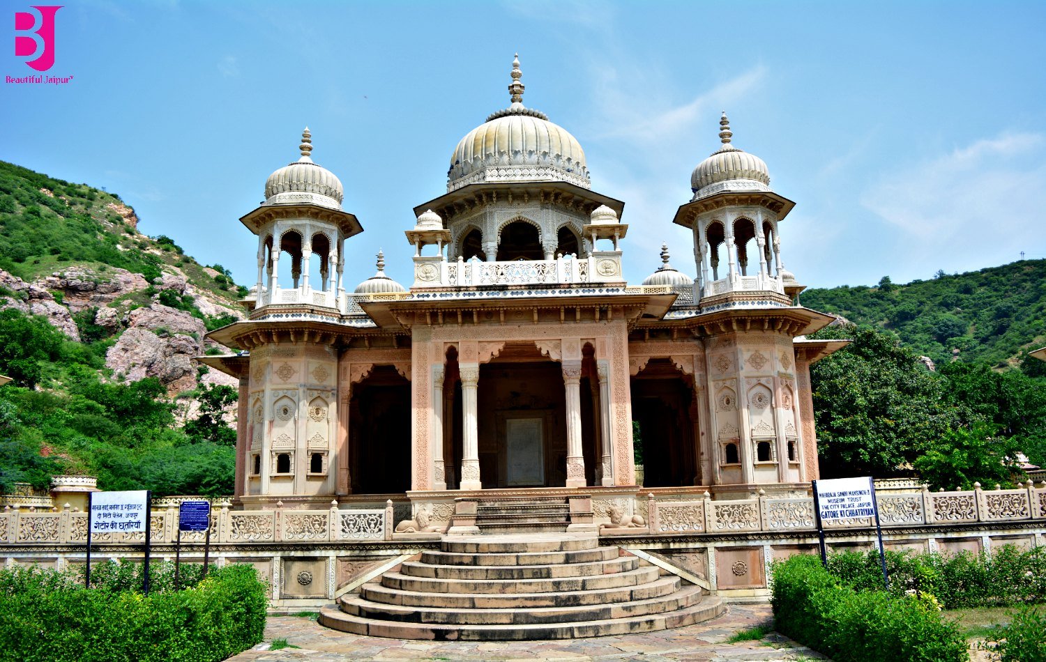 Ornate royal memorial with domes at Gaitore Ki Chhatriyan Jaipur