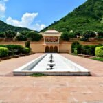 Sisodia Rani Garden Jaipur with water channel and Aravalli hills