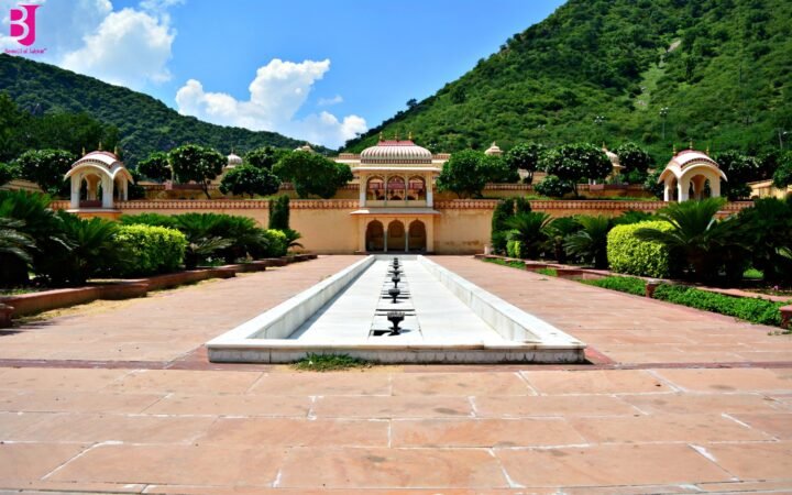 Sisodia Rani Garden Jaipur with water channel and Aravalli hills