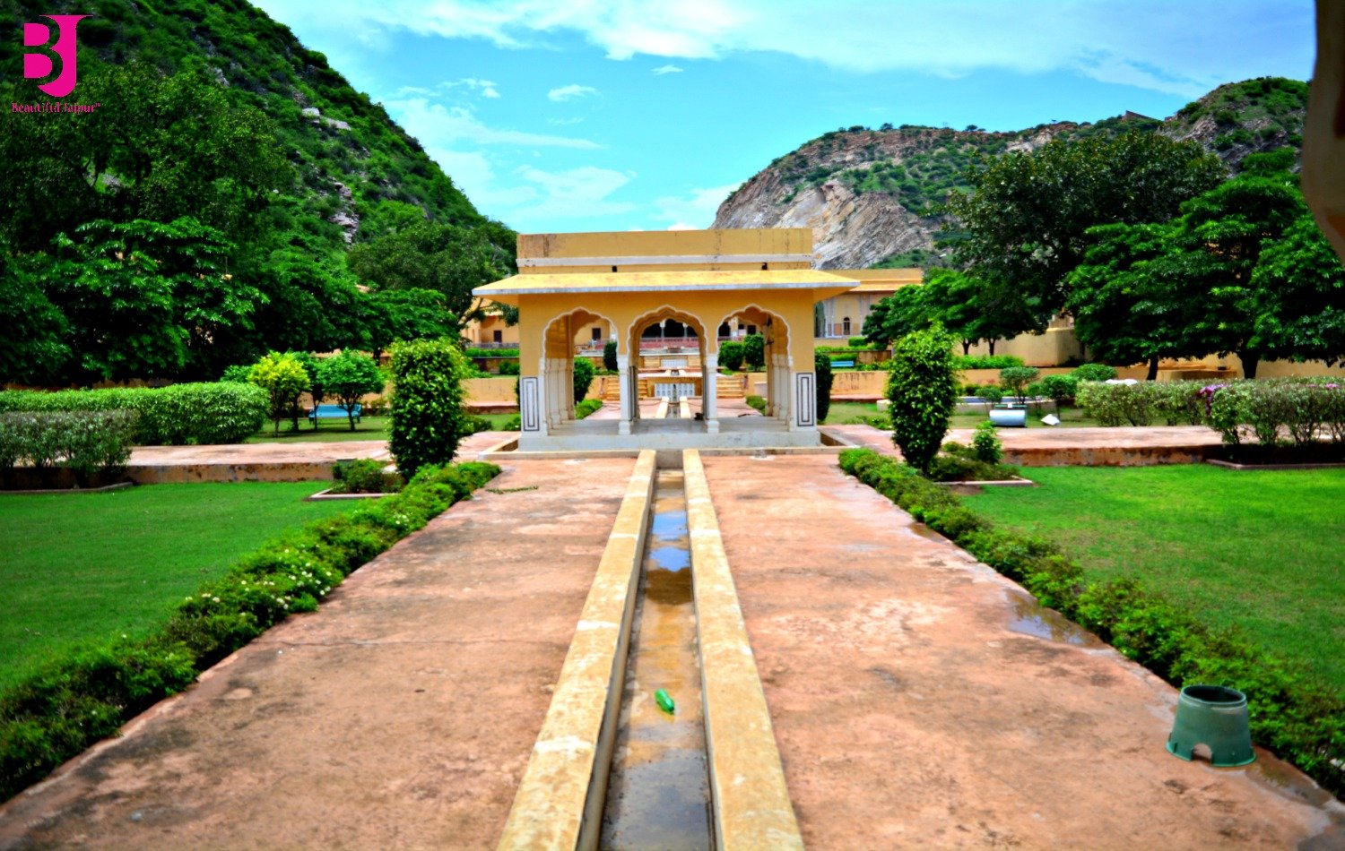 Vidyadhar Garden Jaipur with central water channel and Aravalli hills
