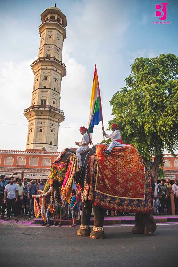 Decorated elephant passing Sargasuli during the Teej procession in Jaipur