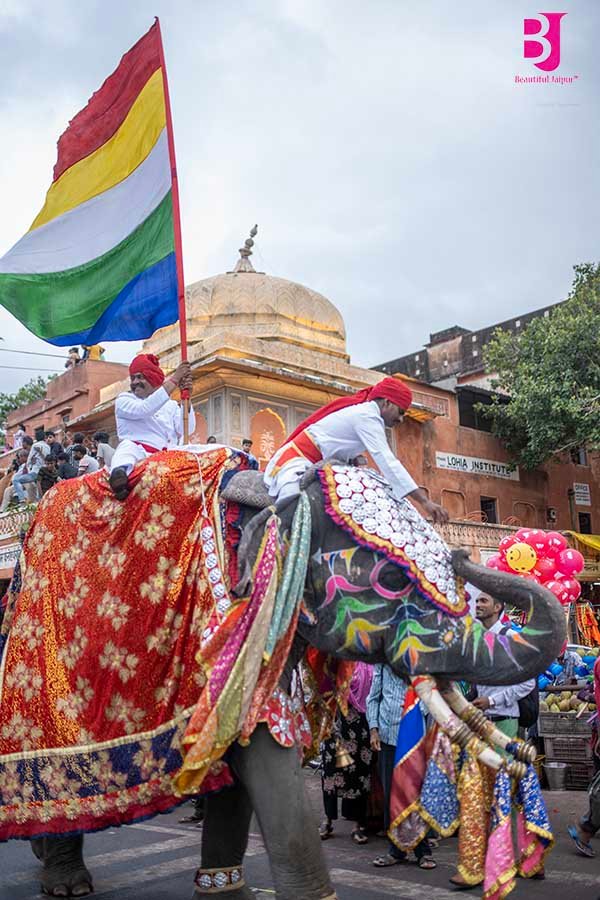 Colourfully decorated royal elephant in the Jaipur Teej procession