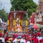 Teej Mata royal palanquin procession through the walled city of Jaipur